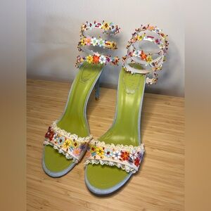 Floral Embellished Lace Strap High Heels - Green